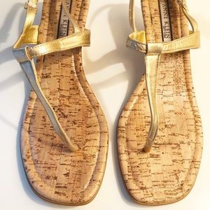 ANNE KLEIN Gold Leather Cork Wedge Sandal SZ 8.5